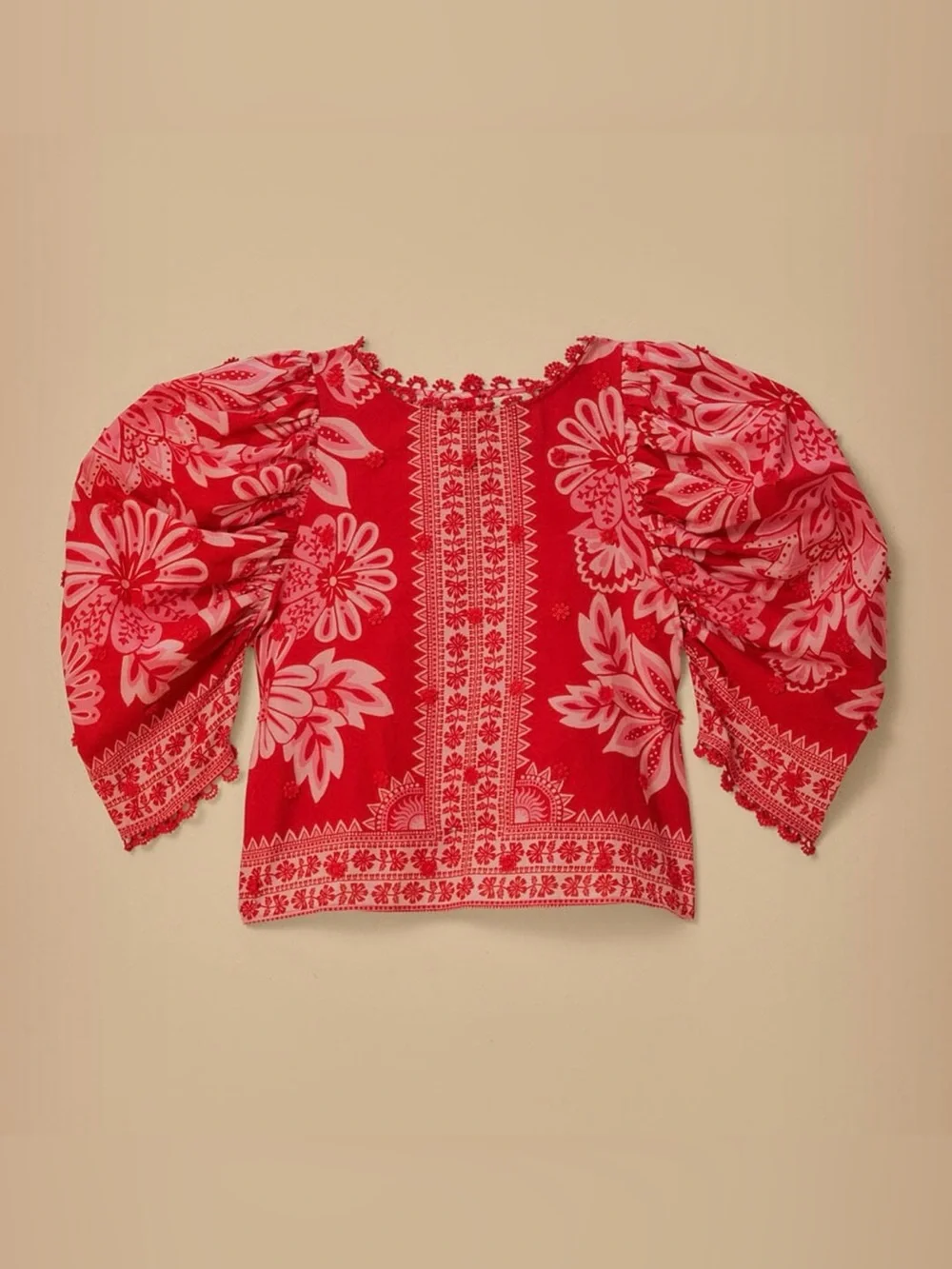 FARM RIO Flora Tapestry Appliqué Puff Sleeve Red Beaded Button Back Blouse XS S